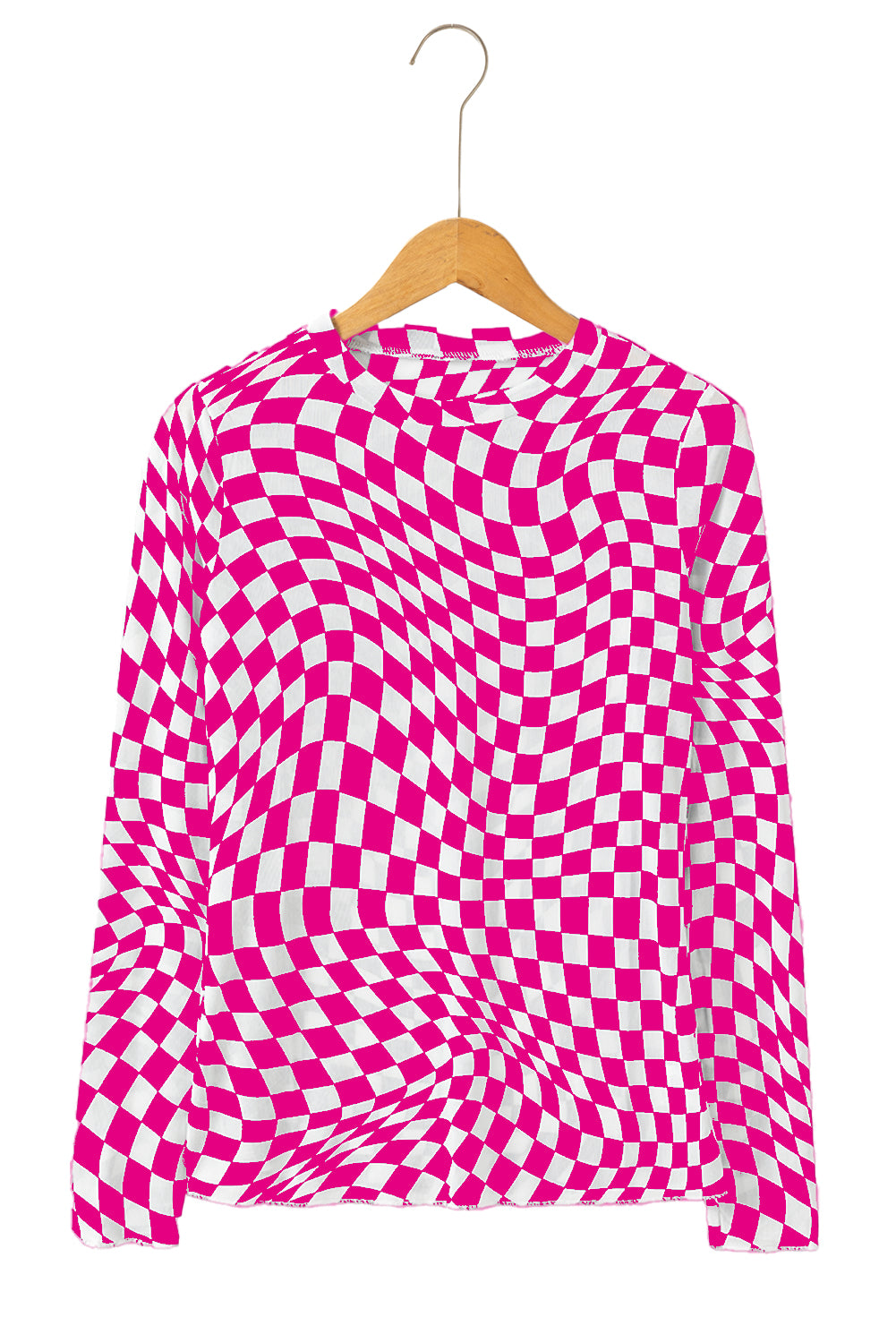 Rose Checkered Pattern Mesh Long Sleeve Top