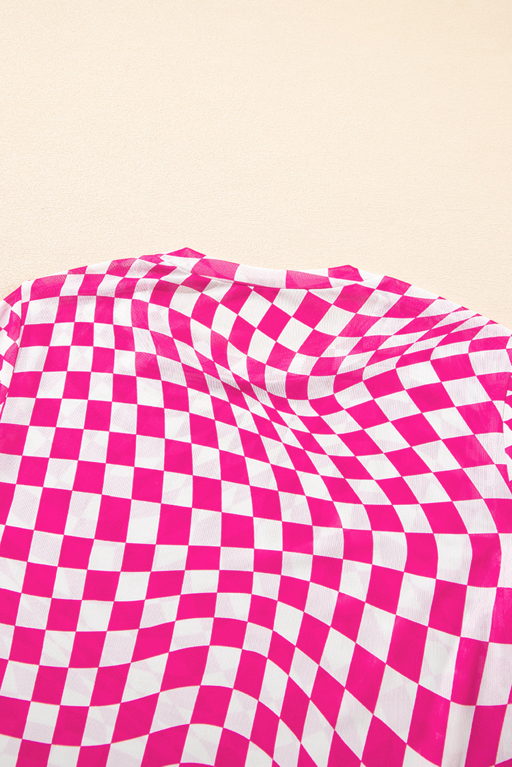 Rose Checkered Pattern Mesh Long Sleeve Top