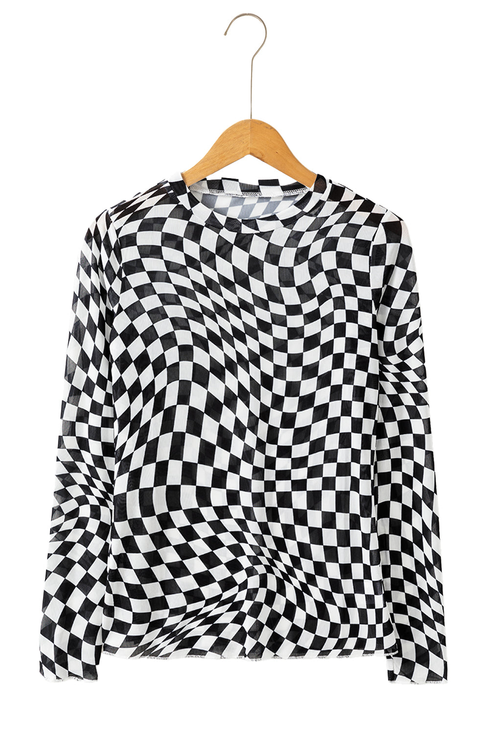 Rose Checkered Pattern Mesh Long Sleeve Top