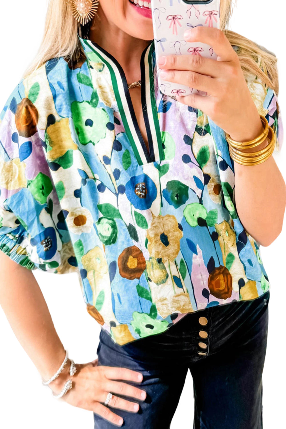 Pink V-Neck Floral Print Boho Blouse