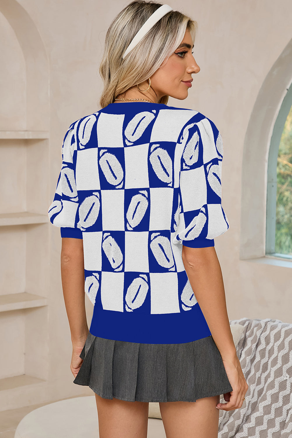 Purple Rugby Plaid Color Block Puff Sleeve Knit Top