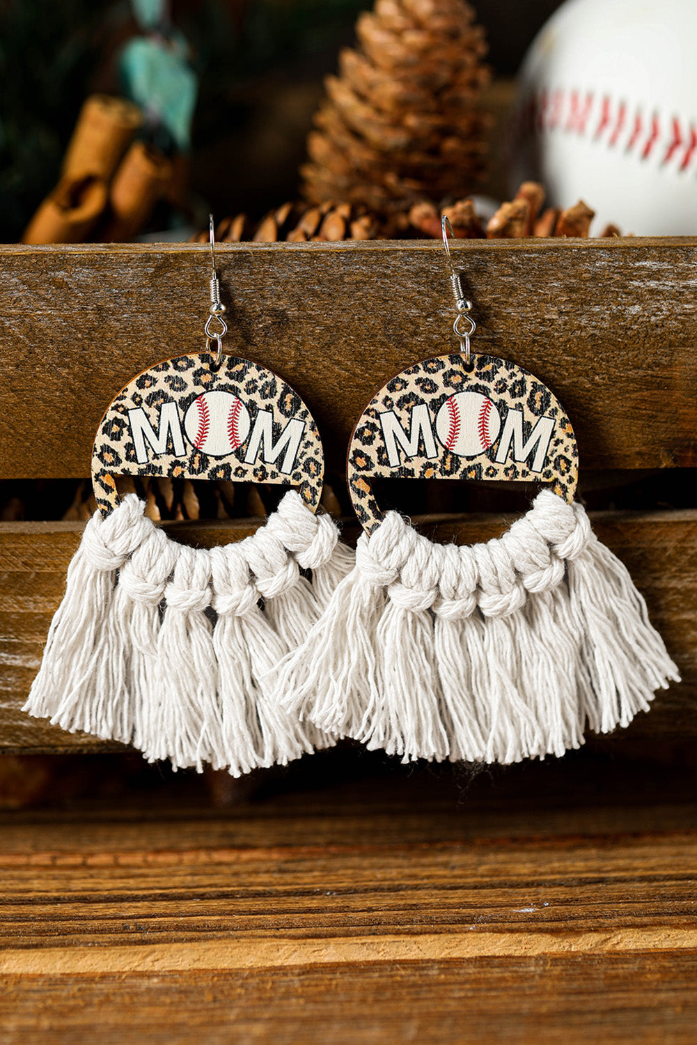 White Leopard Rugby MOM Print Fringed Hook Earrings