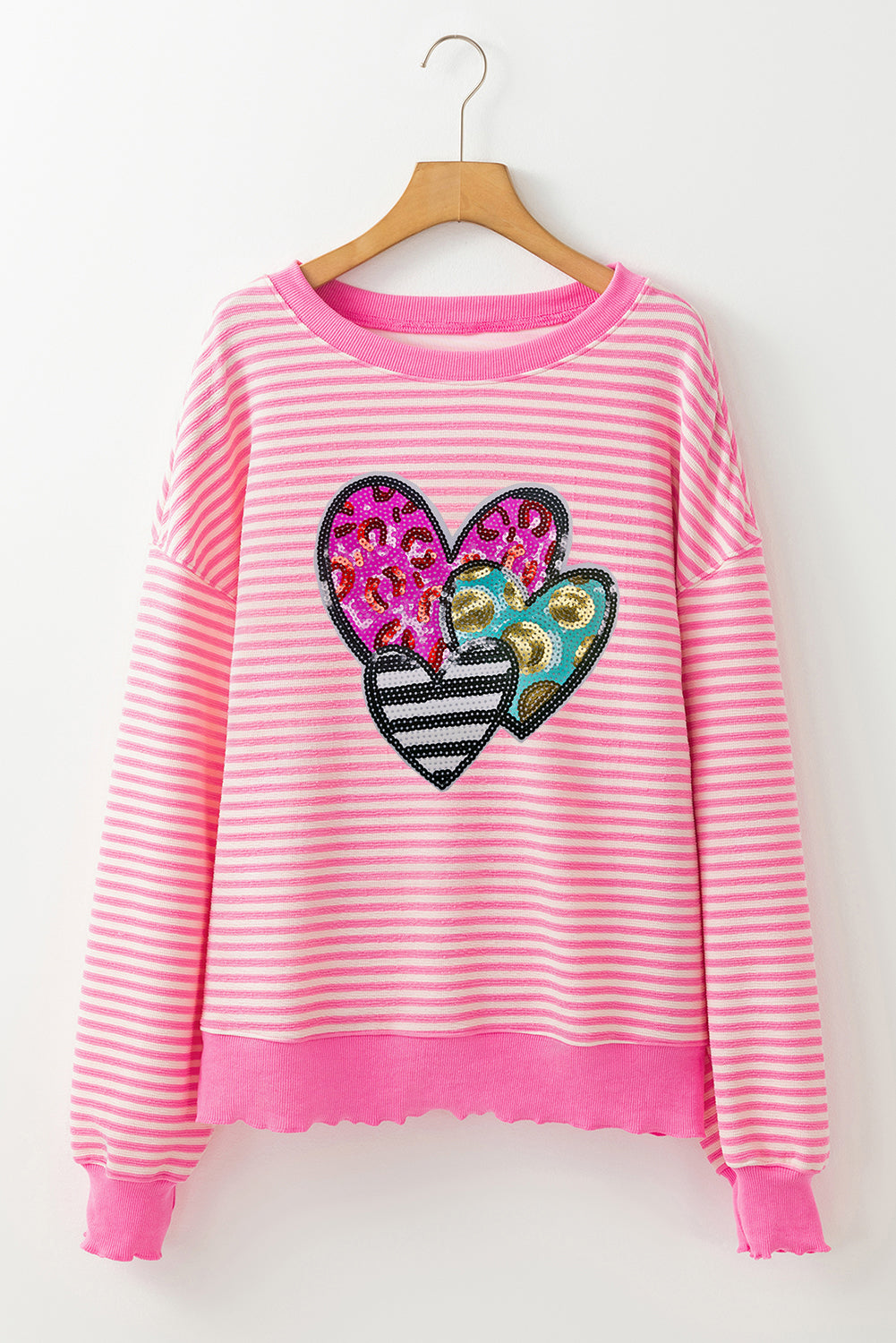 Pink Stripe Leopard Heart Patched Graphic Long Sleeve Top