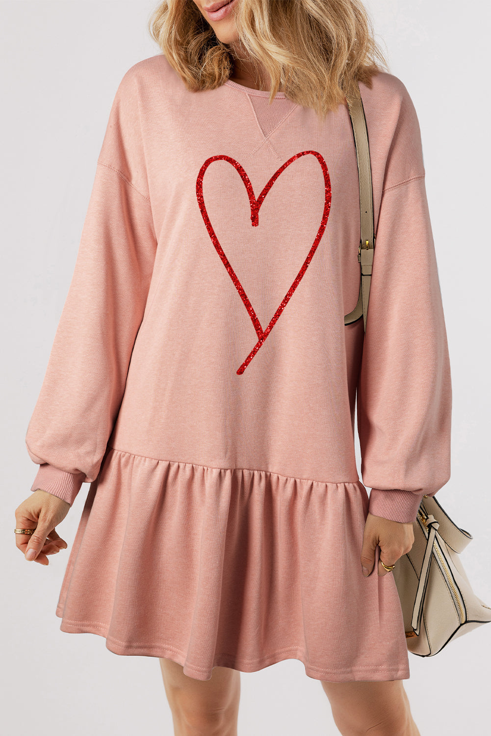 White Heart Graphic Long Sleeve Ruffle Hem Dress