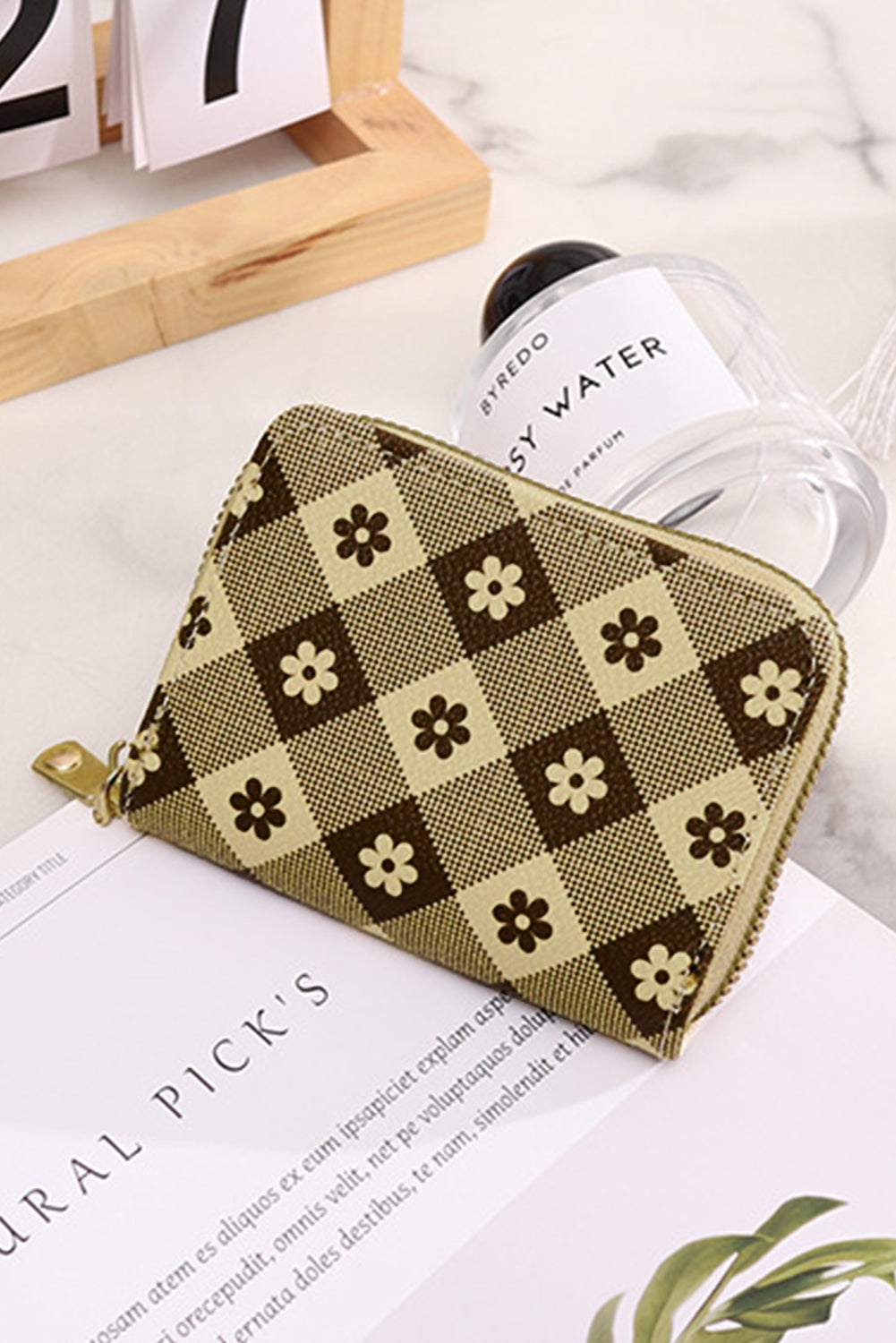 Khaki Flower Checkered PU Leather Wallet