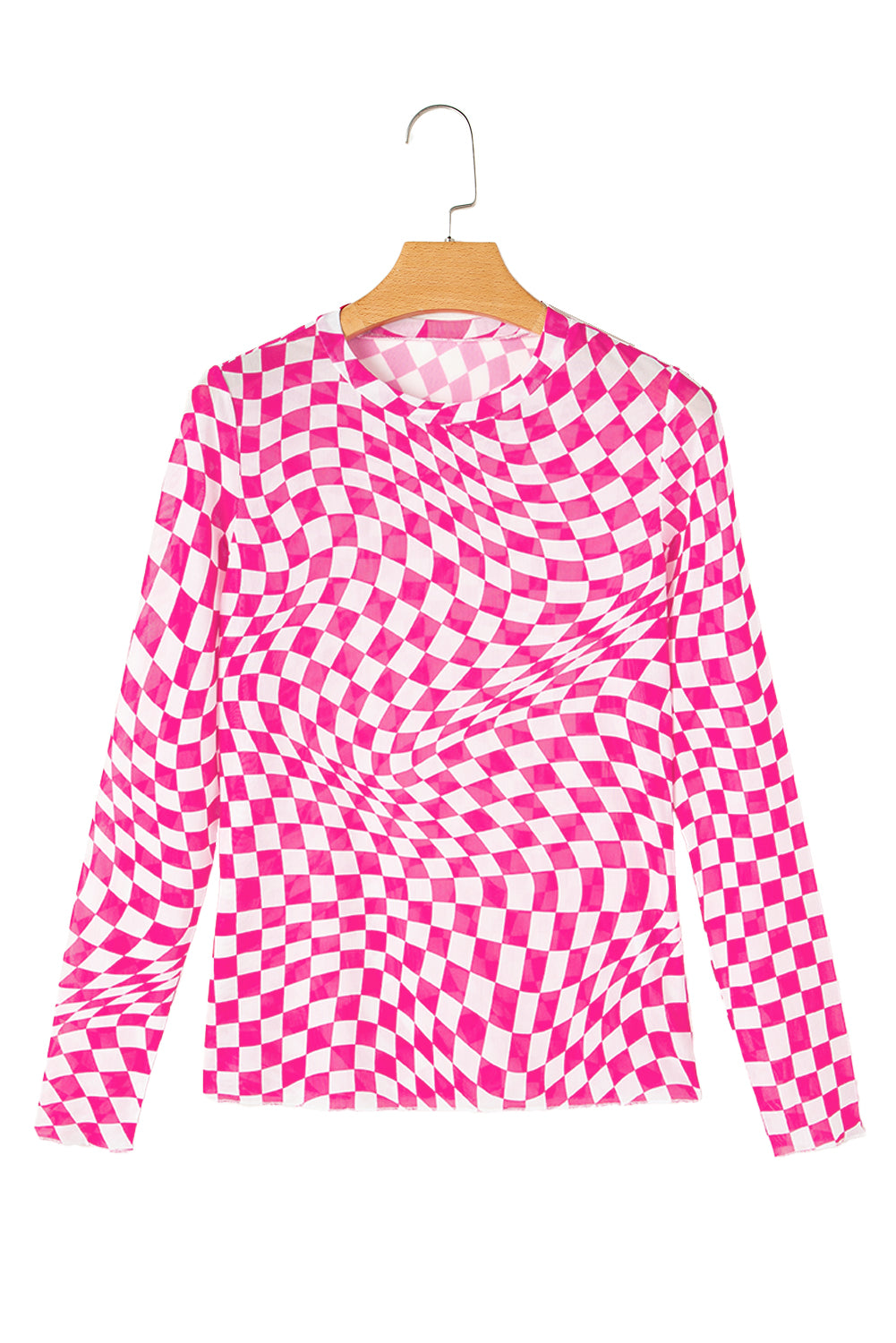 Rose Checkered Pattern Mesh Long Sleeve Top