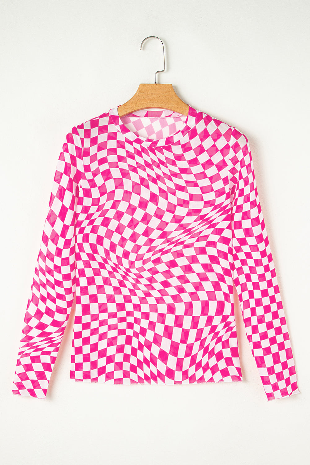 Rose Checkered Pattern Mesh Long Sleeve Top