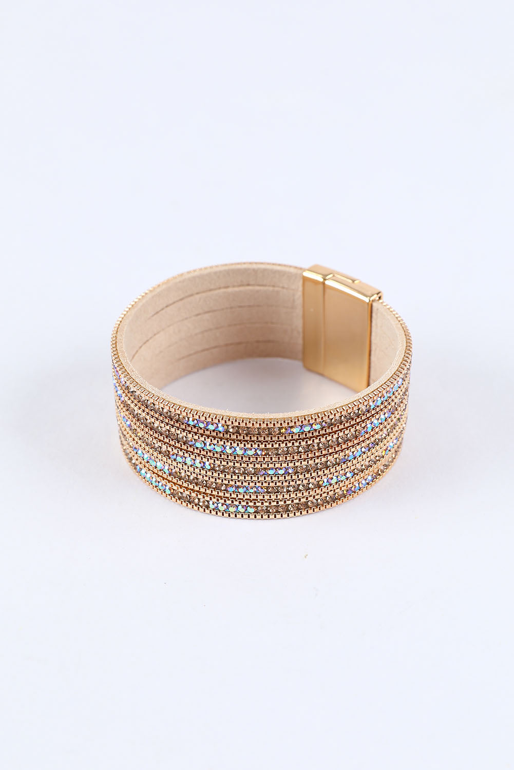 Gold Full Diamond Leather Wide Magnetic Buckle Bracelet