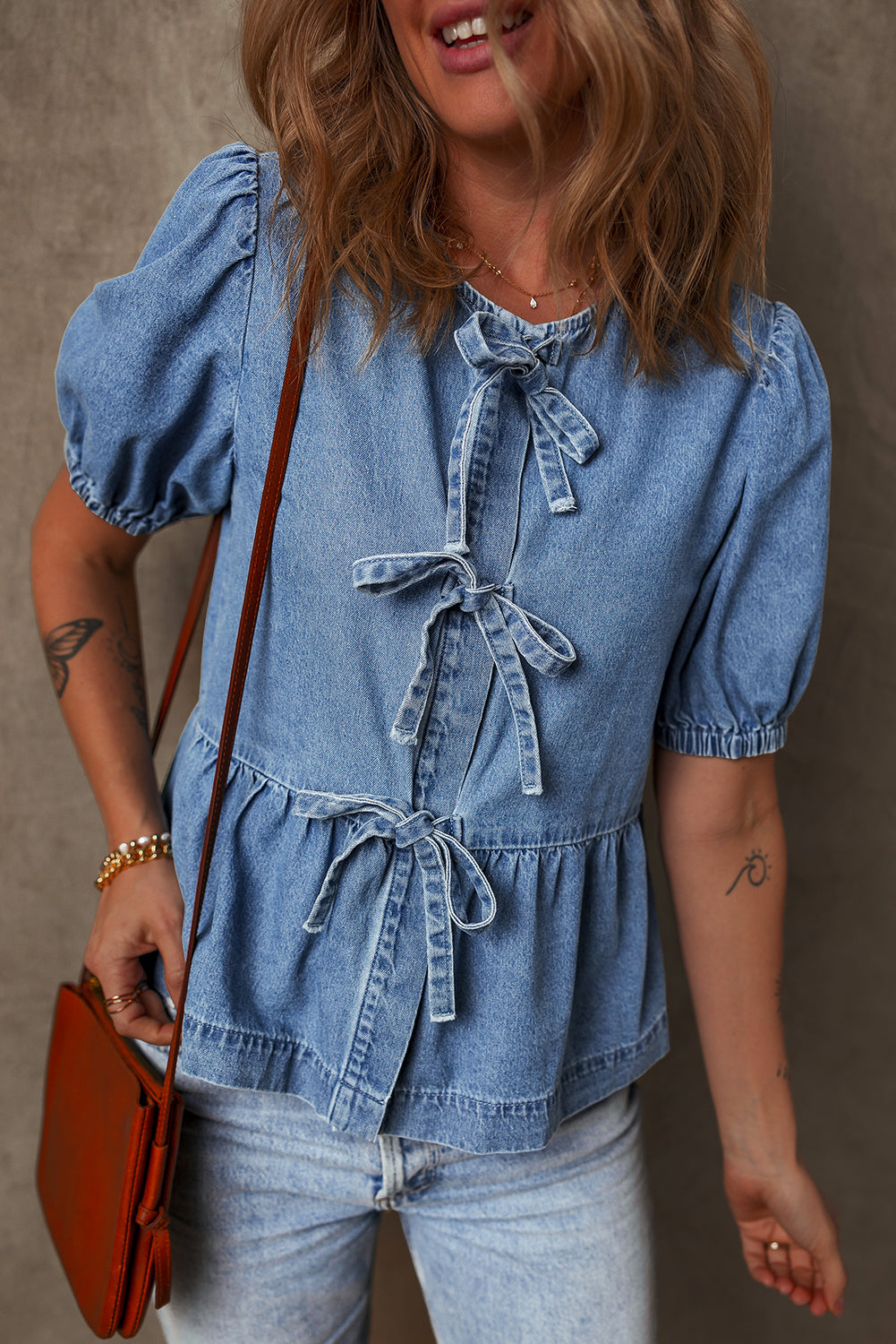 Dusk Blue Tied Front Bubble Sleeve Peplum Denim Shirt