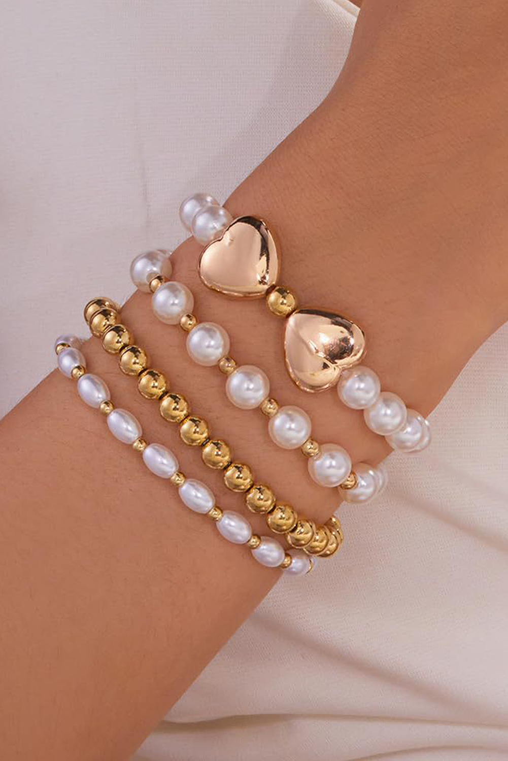 Gold Pearl Stackable Heart Beaded Bracelet Set