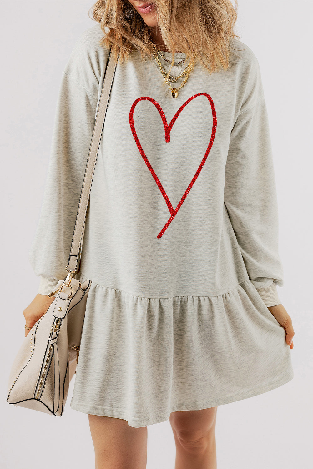 White Heart Graphic Long Sleeve Ruffle Hem Dress