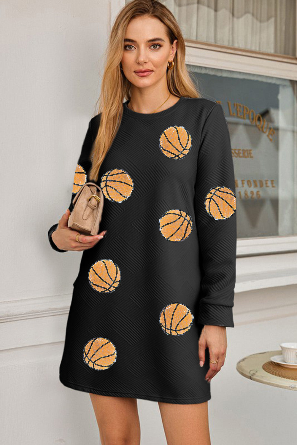 Gray Sequin Basketball Patched Textured Crewneck Shift Mini Dress