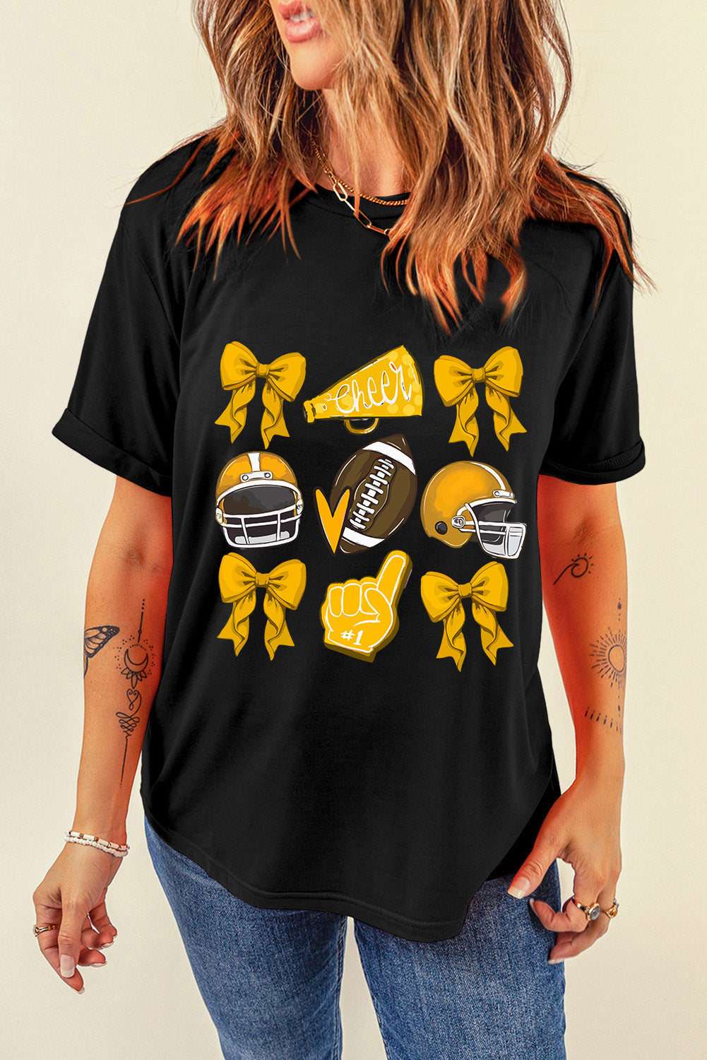 Black Game Day Rugby Bowknot Graphic Tee