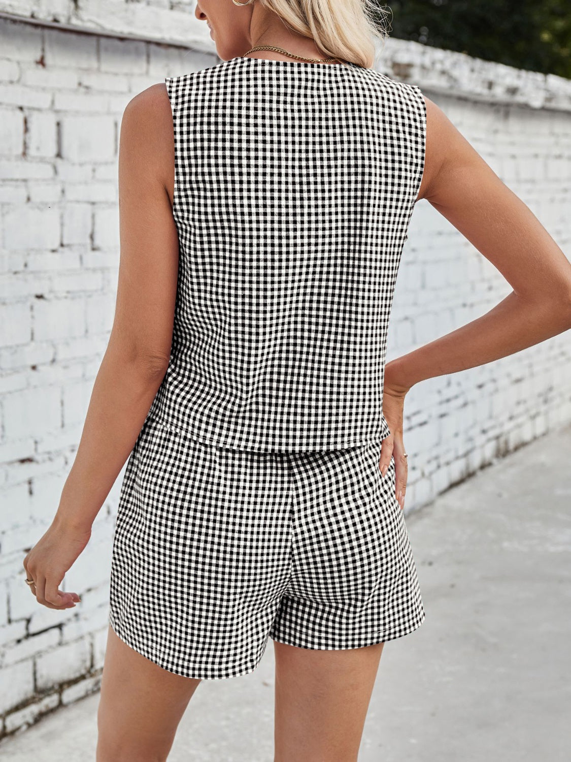 Lovelet Tied Plaid V-Neck Vest and Shorts Set