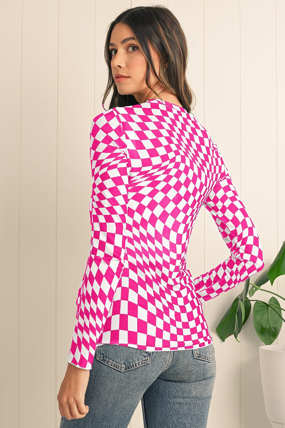 Rose Checkered Pattern Mesh Long Sleeve Top