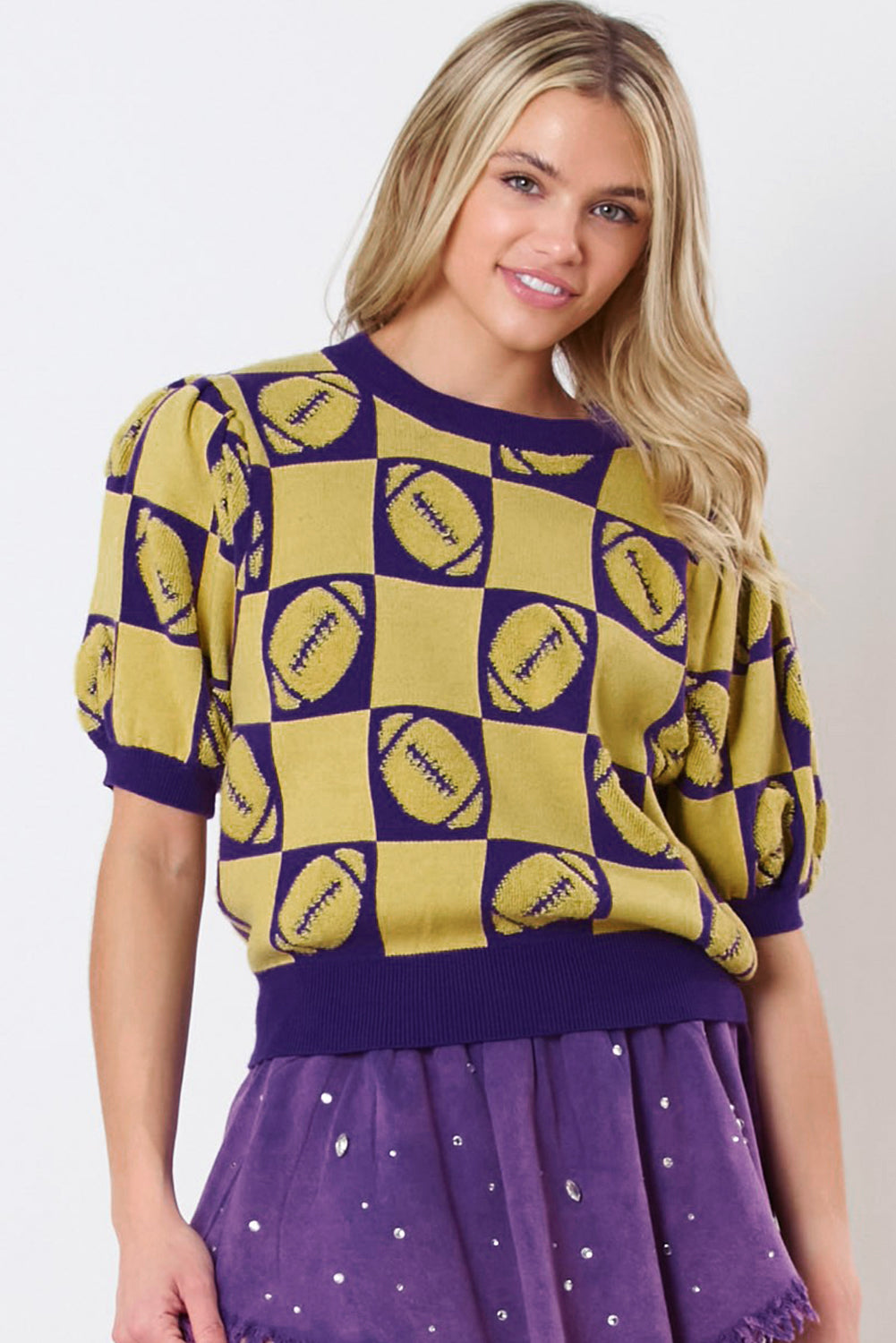 Purple Rugby Plaid Color Block Puff Sleeve Knit Top