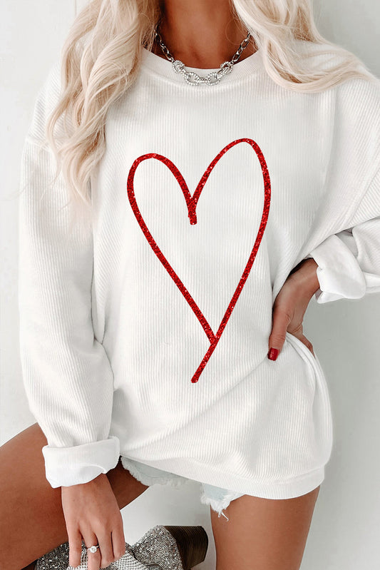 White Glitter Heart Print Corded Graphic Pullover Sweatshirt