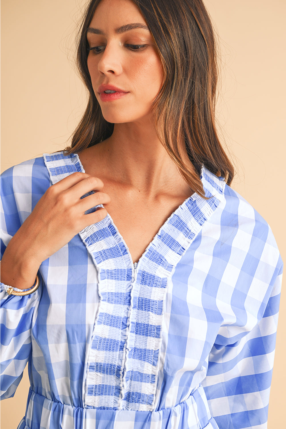 Sky Blue Plaid Shirred V Neck Lantern Sleeve Romper