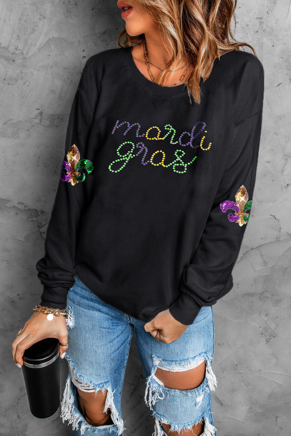 Black Solid Color mardi gras Printed Round Neck Casual Sweatshirt