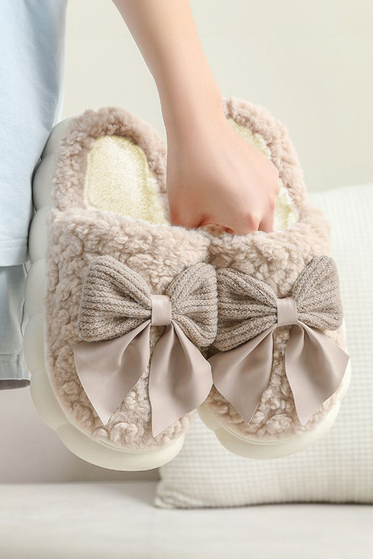 Pink Contrast Bowknot Applique Plush Winter Slippers