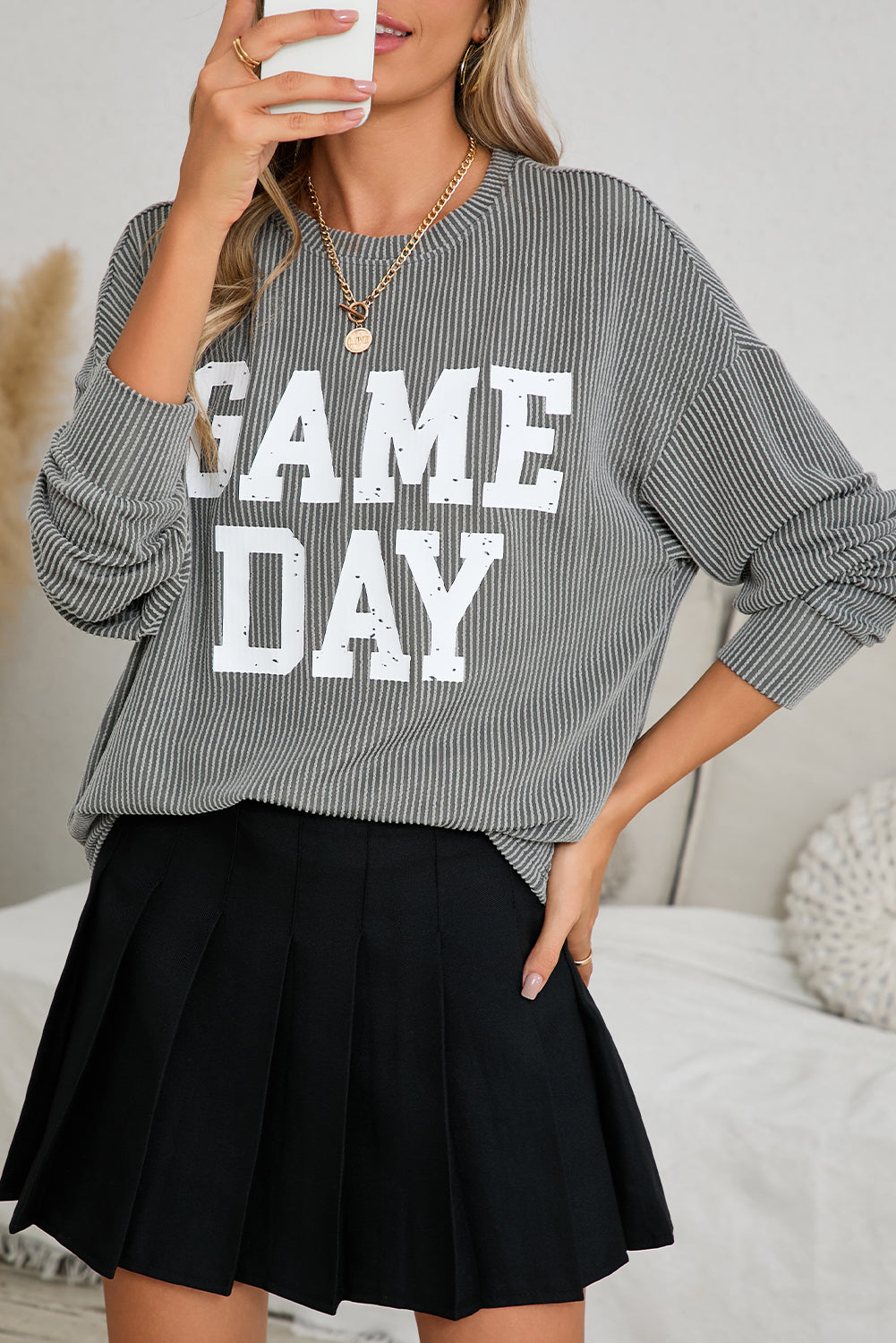 Bluing Corded GAME DAY Graphic Long Sleeve Top