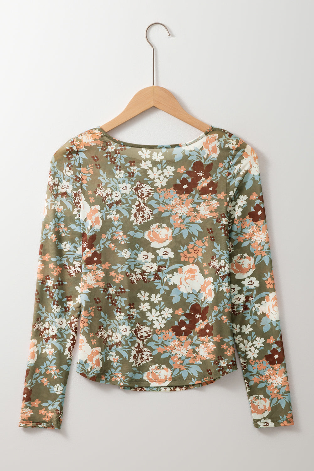 Green Floral Print Mesh Fitted Long Sleeve Top