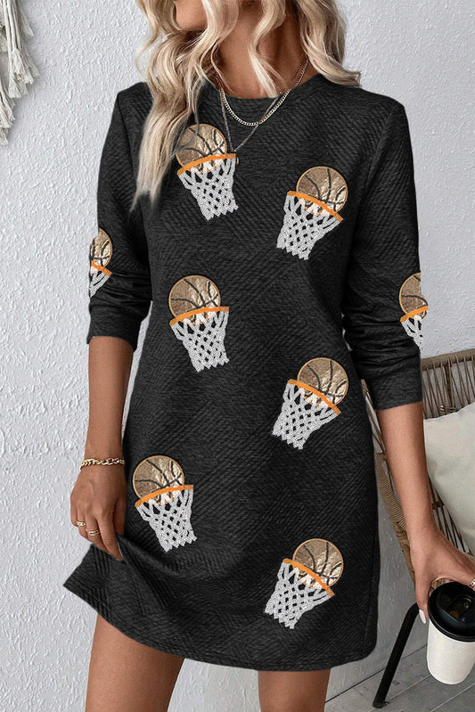 Black Basketball Hoop Graphic Casual Textured Short Dress