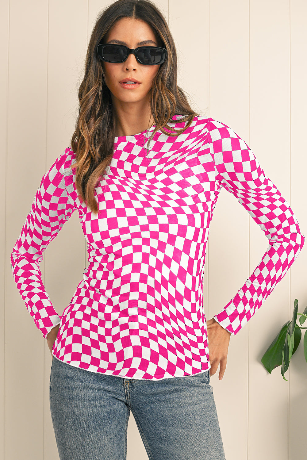 Rose Checkered Pattern Mesh Long Sleeve Top