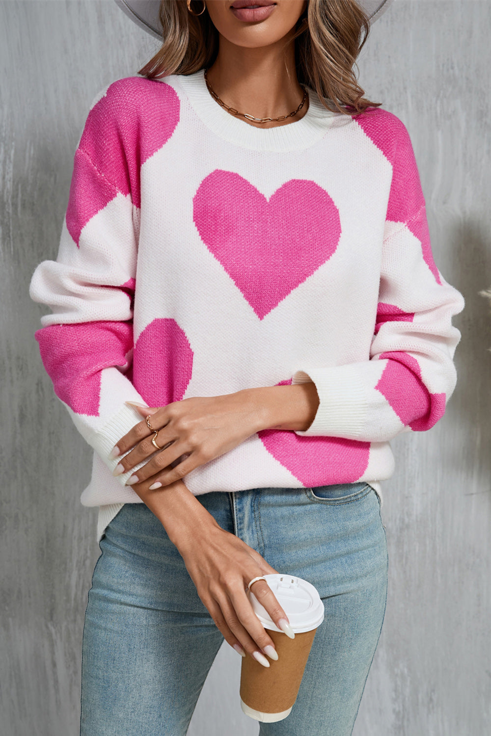 Angel Wings Contrast Heart Dropped Shoulder Long Sleeve Sweater