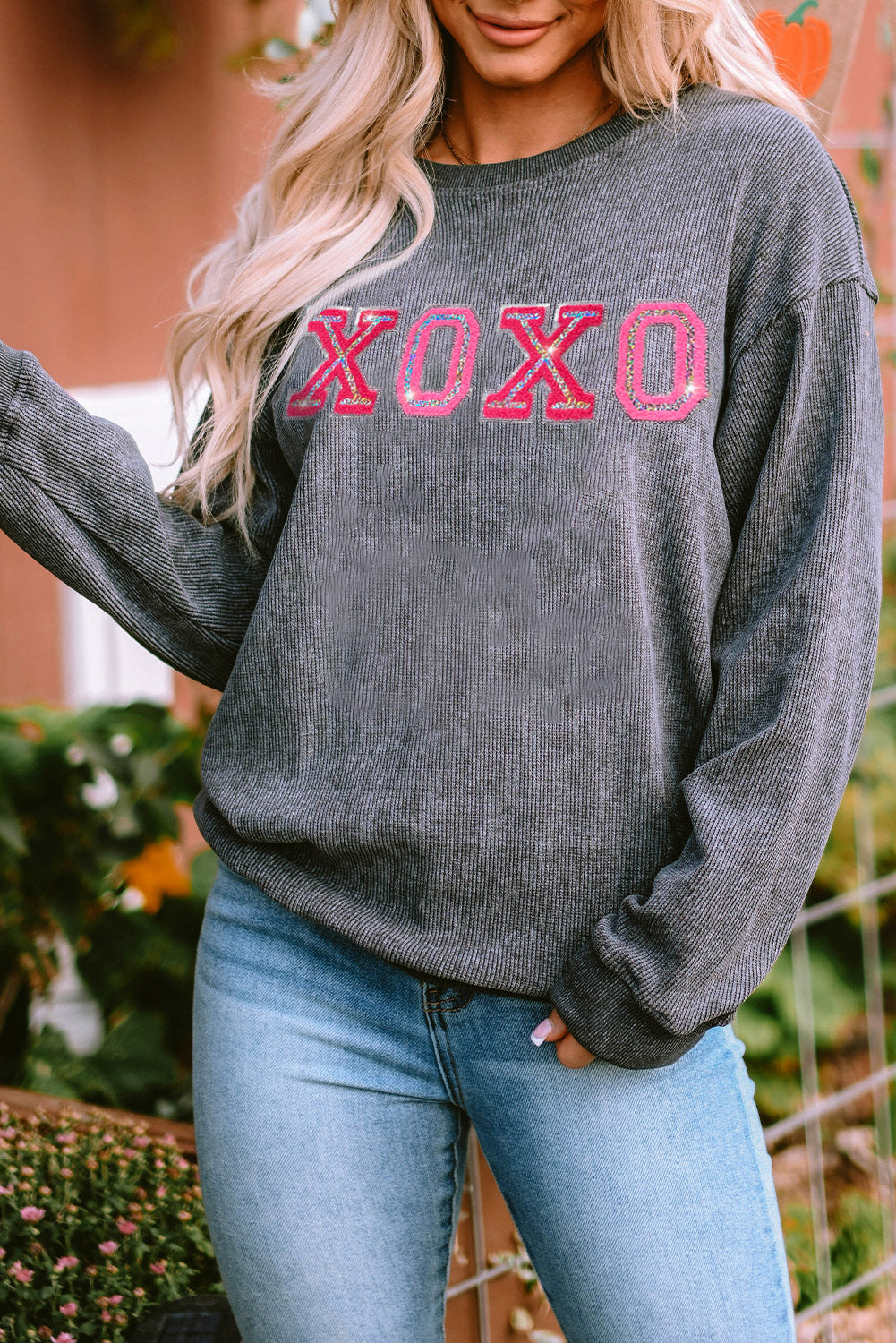 Gray Corded Valentine Sequin XOXO Graphic Sweatshirt