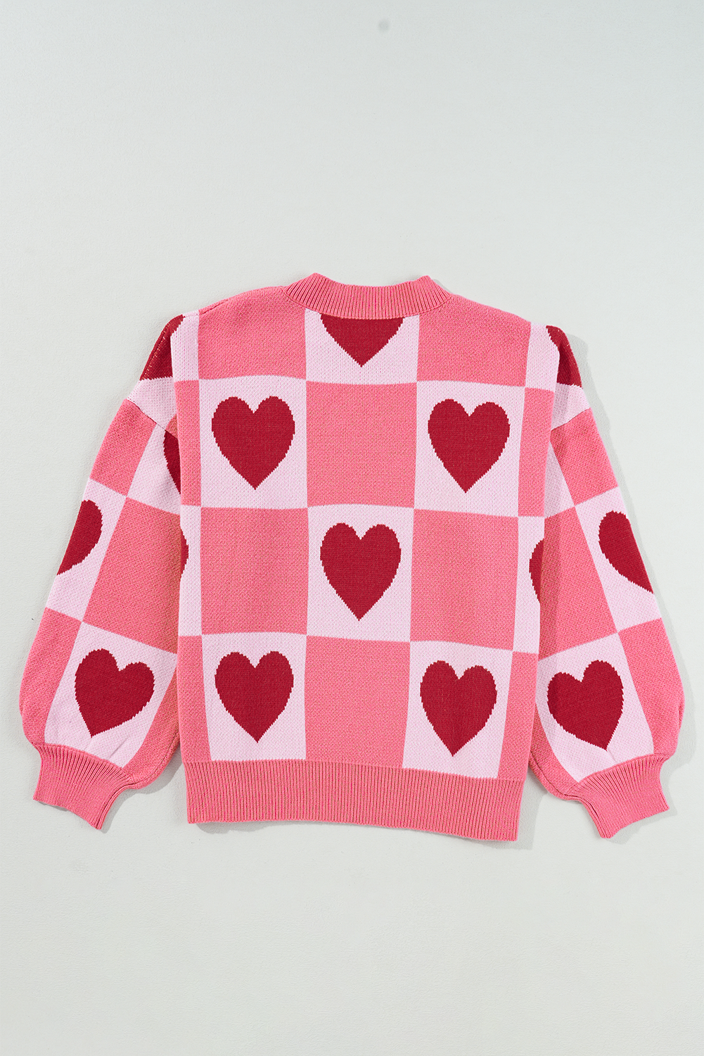 Pink Plus Size Heart Checkered Colorblock Lantern Sleeve Sweater