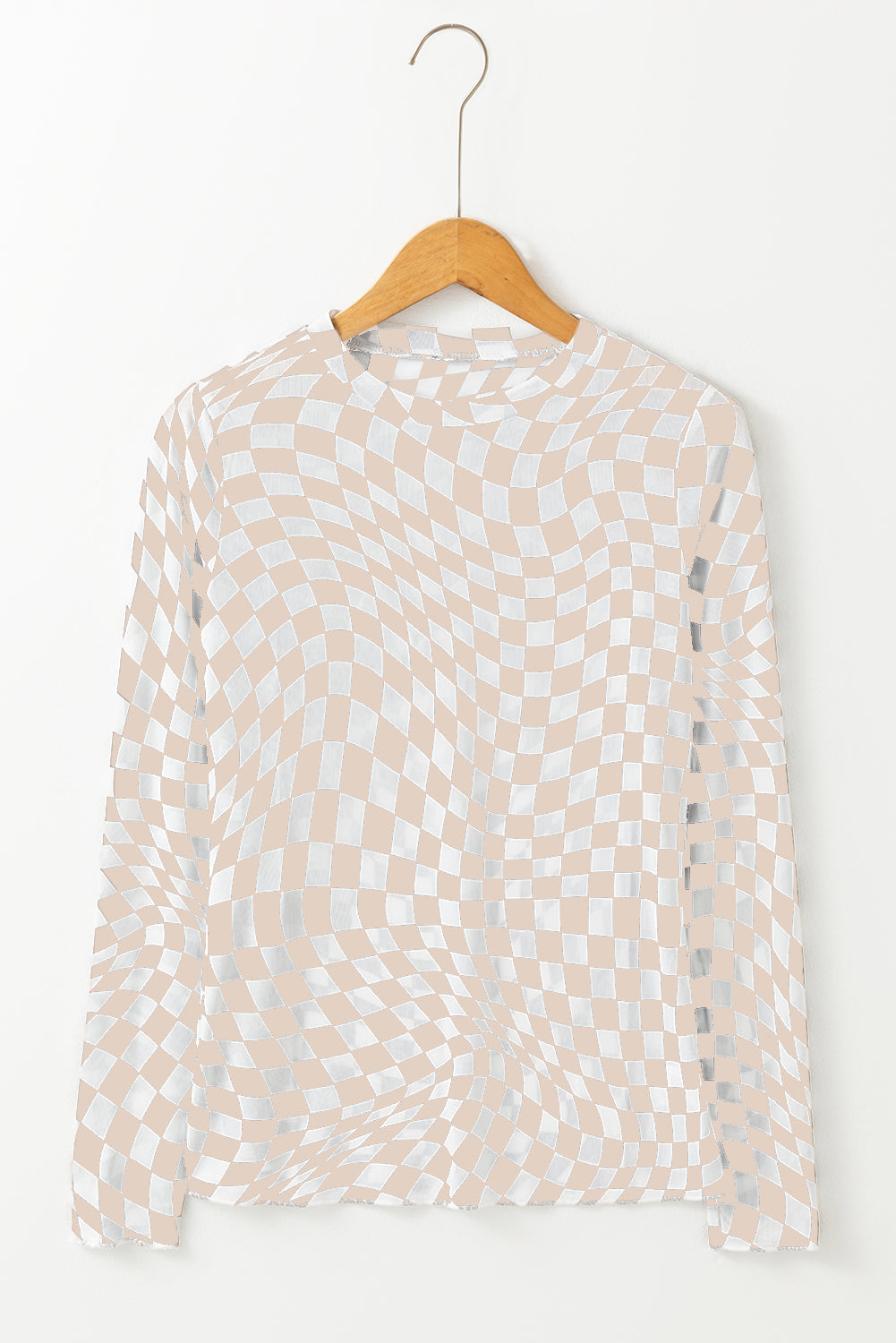 Rose Checkered Pattern Mesh Long Sleeve Top