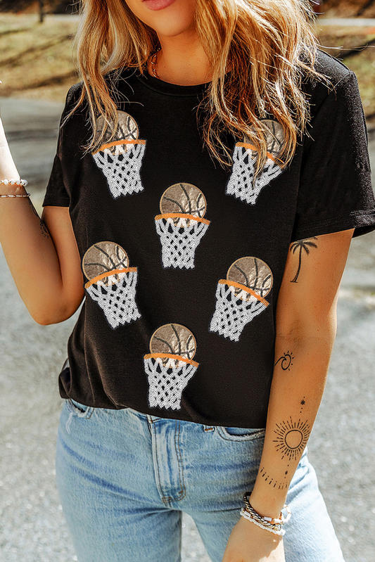 Black Sequin Basketball Patched Graphic Game Day T Shirt