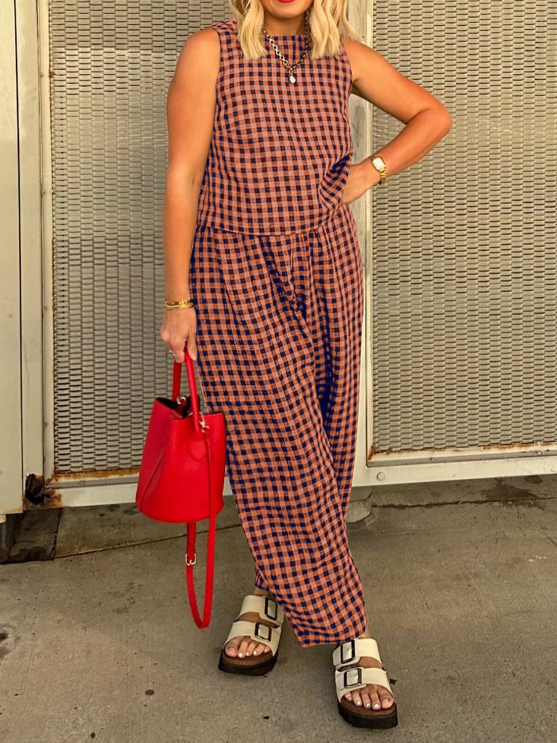 Lovelet Plaid Round Neck Sleeveless Top and Pants Set