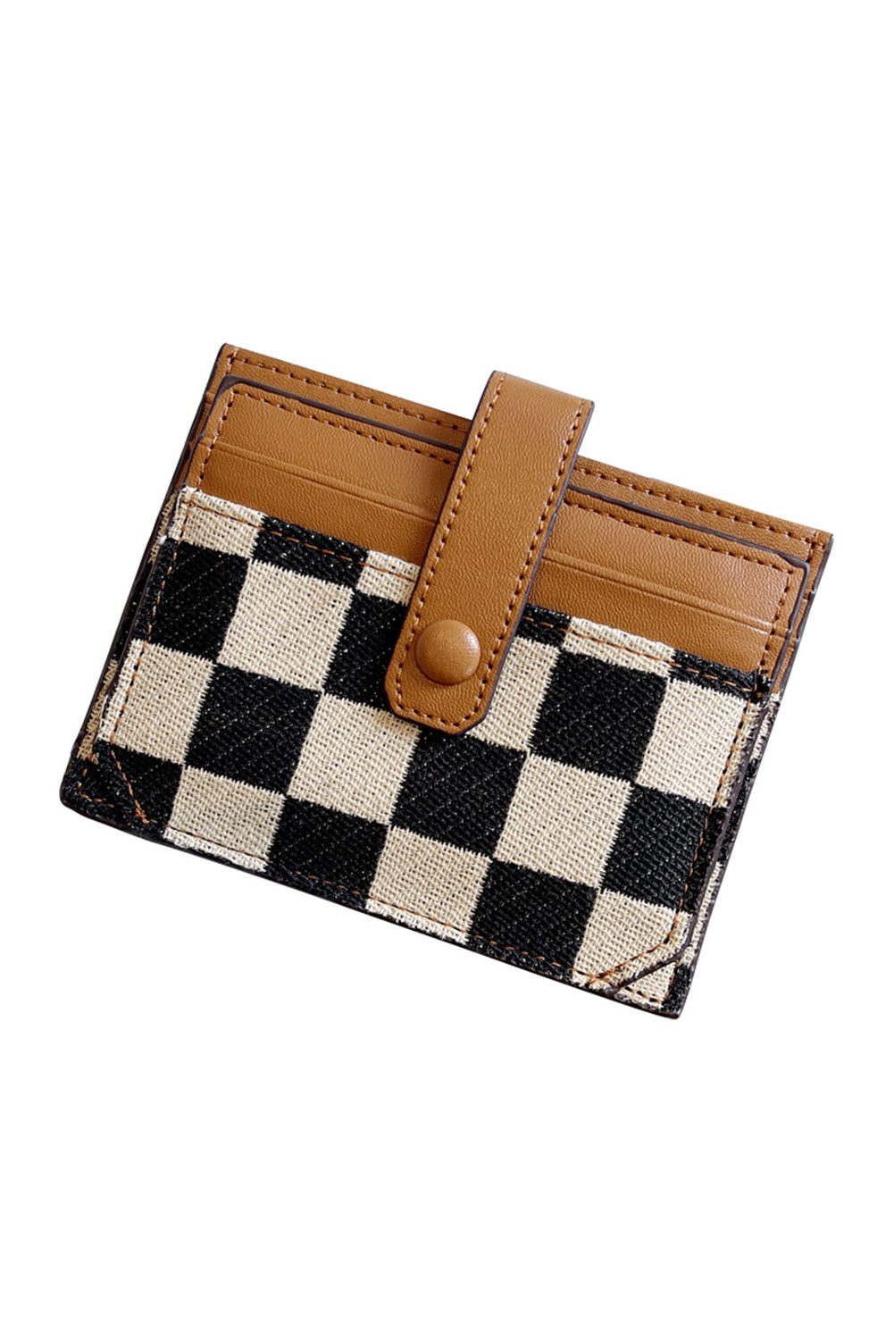 Coffee Leather Checkered Canvas Patchwork Card Wallet