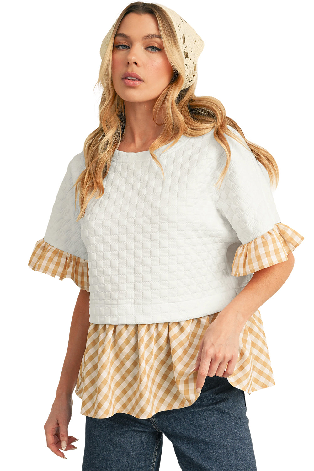 White Plaid Patchwork Half Sleeve Ruffle Round Neck Blouse