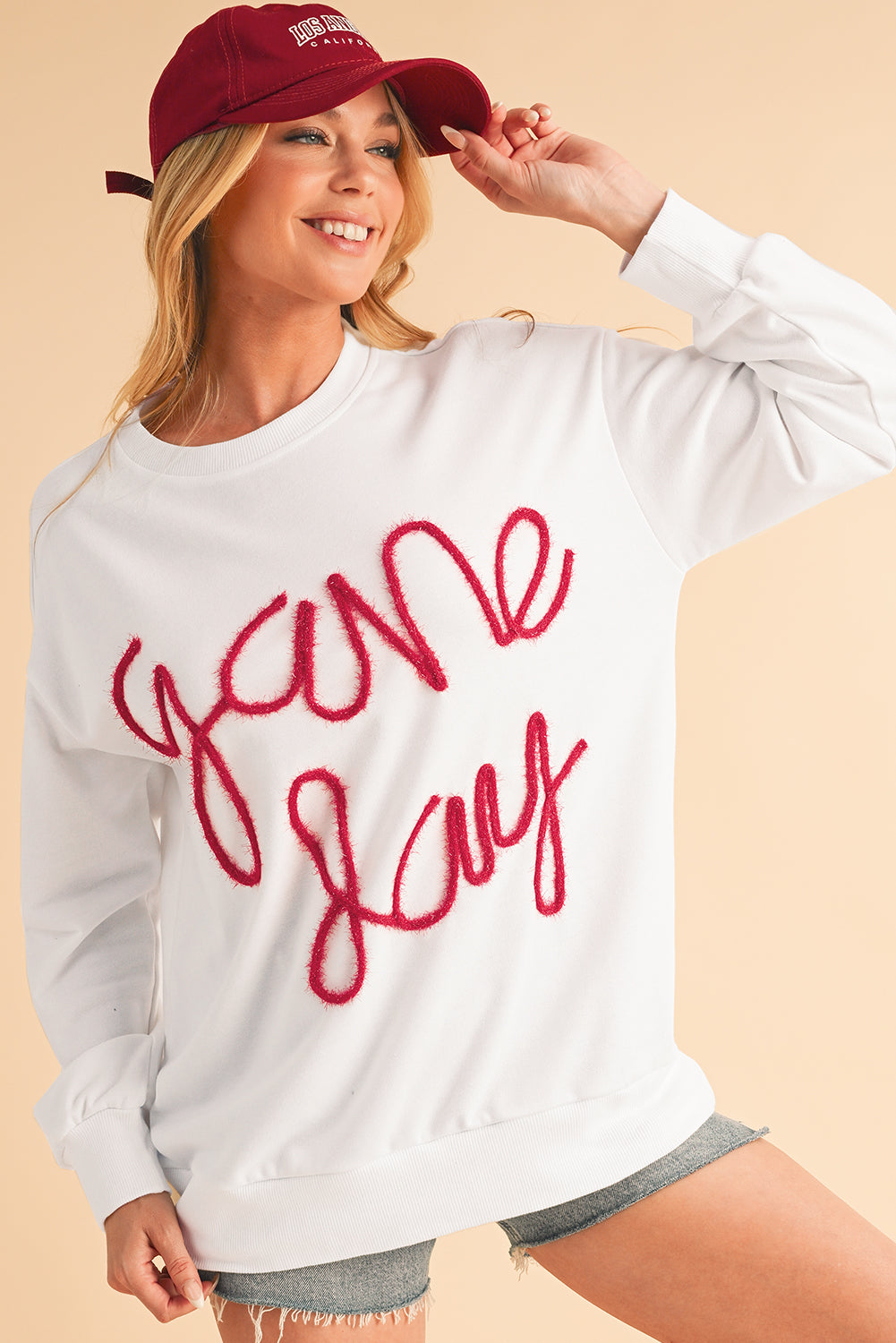 White Tinsel Game Day Drop Shoulder Sweatshirt