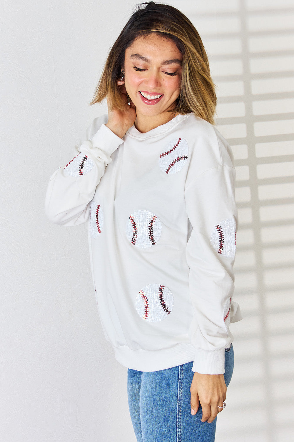 Sequin Baseball Round Neck Dropped Shoulder Sweatshirt