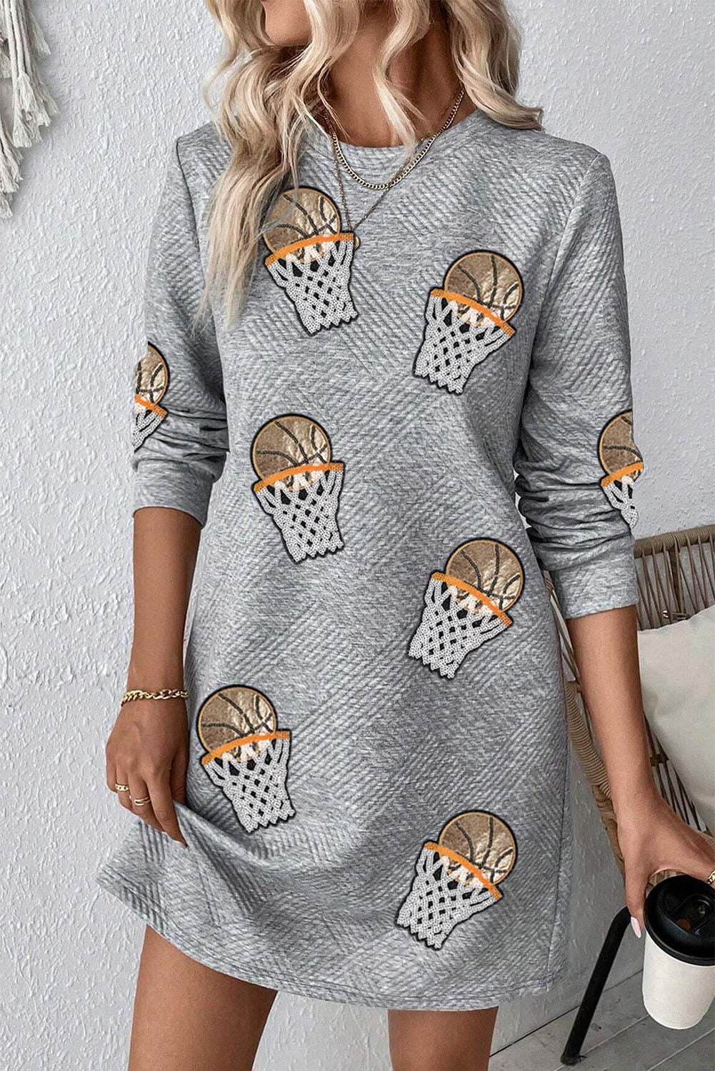 Black Basketball Hoop Graphic Casual Textured Short Dress