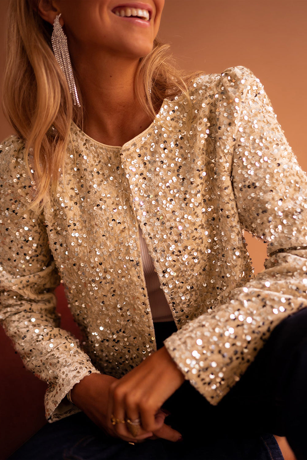 Golden Fleece Sequin Open Front Collarless Jacket