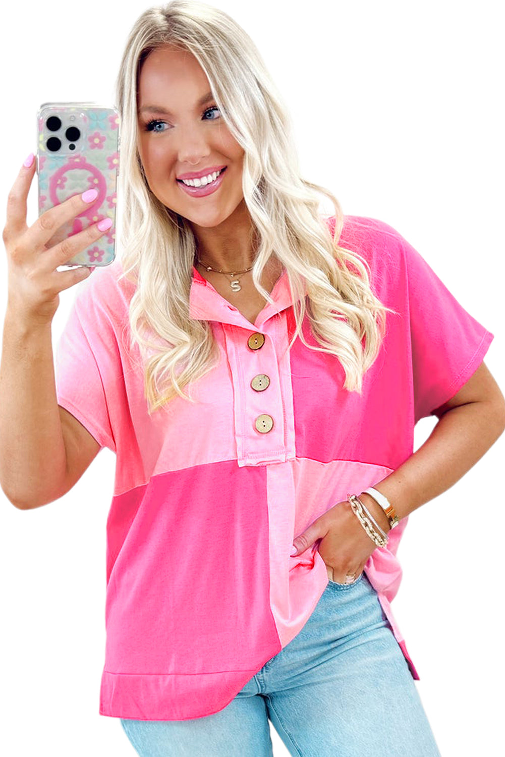 Pink Colorblock Half Buttons Henley T Shirt