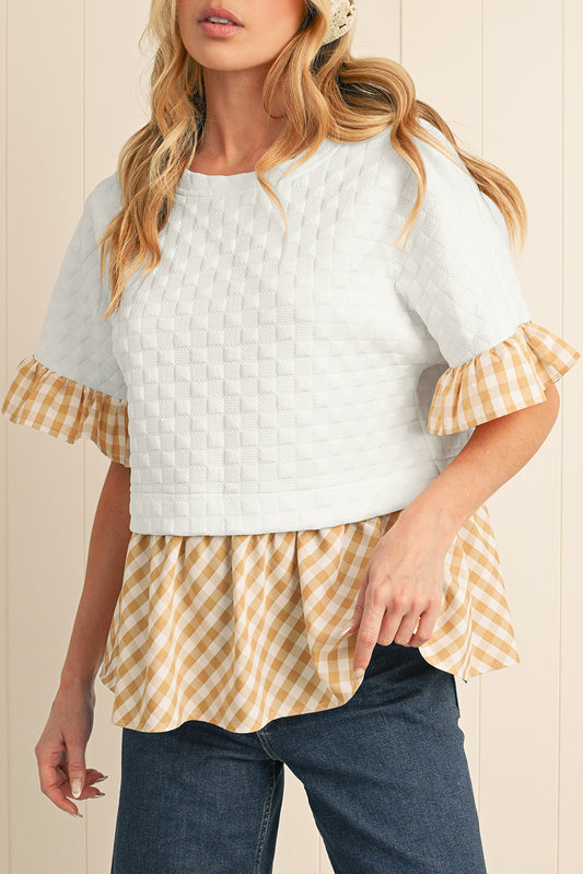 White Plaid Patchwork Half Sleeve Ruffle Round Neck Blouse