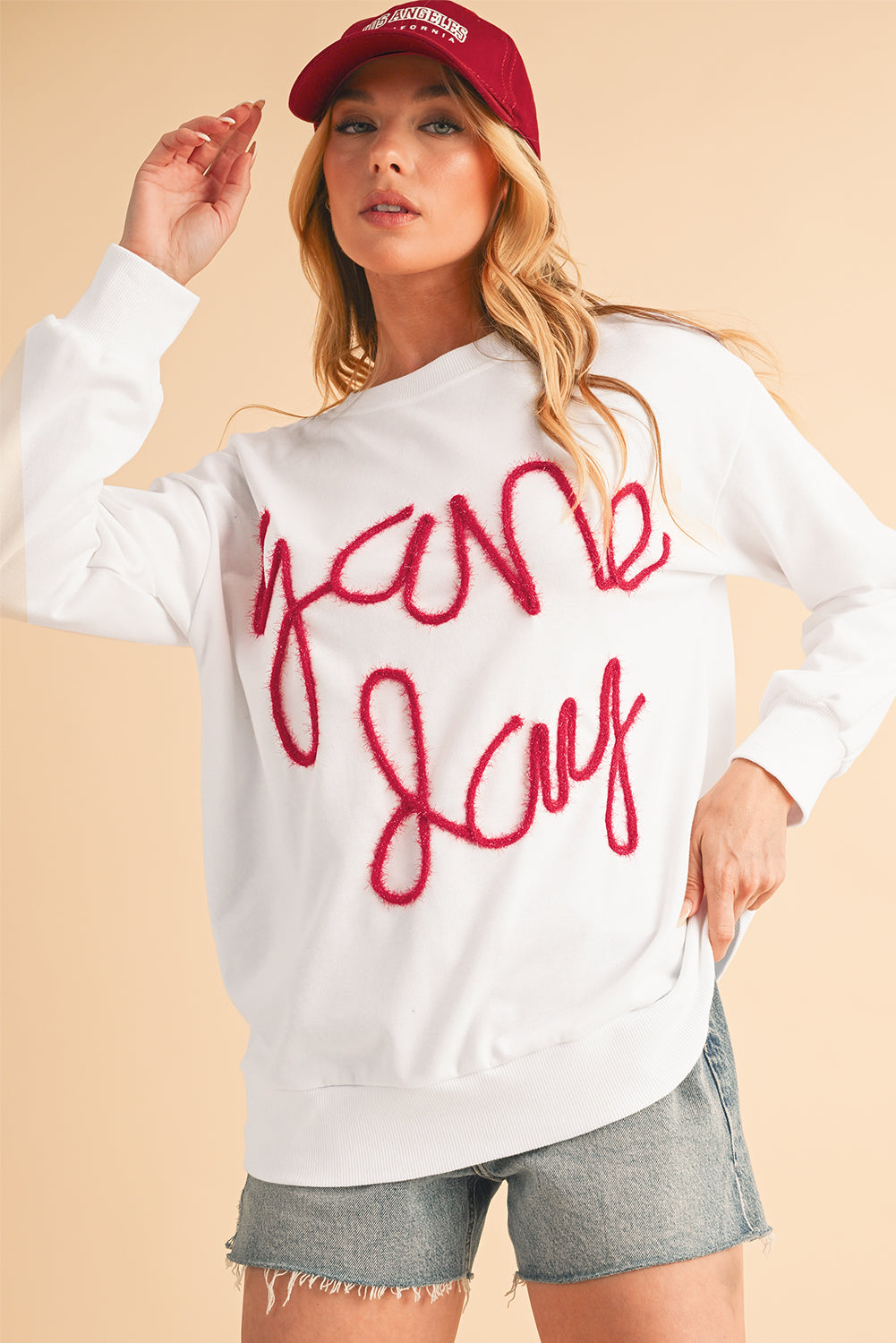 White Tinsel Game Day Drop Shoulder Sweatshirt