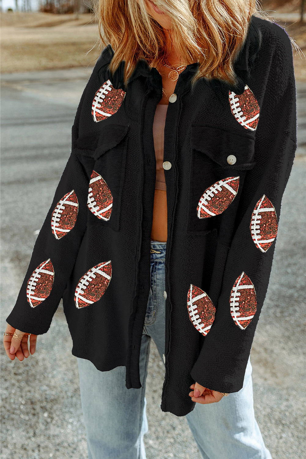 Black Fleece Football Graphic Buttoned Front Shacket