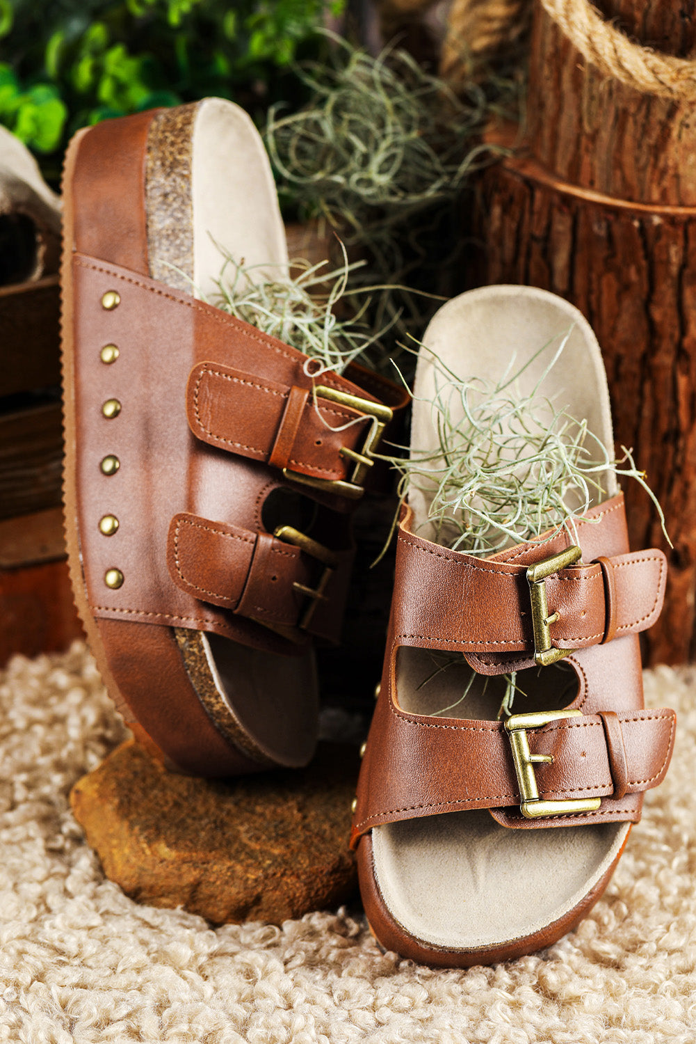 Chestnut Dual Buckle Studded Platform Sandal Slippers