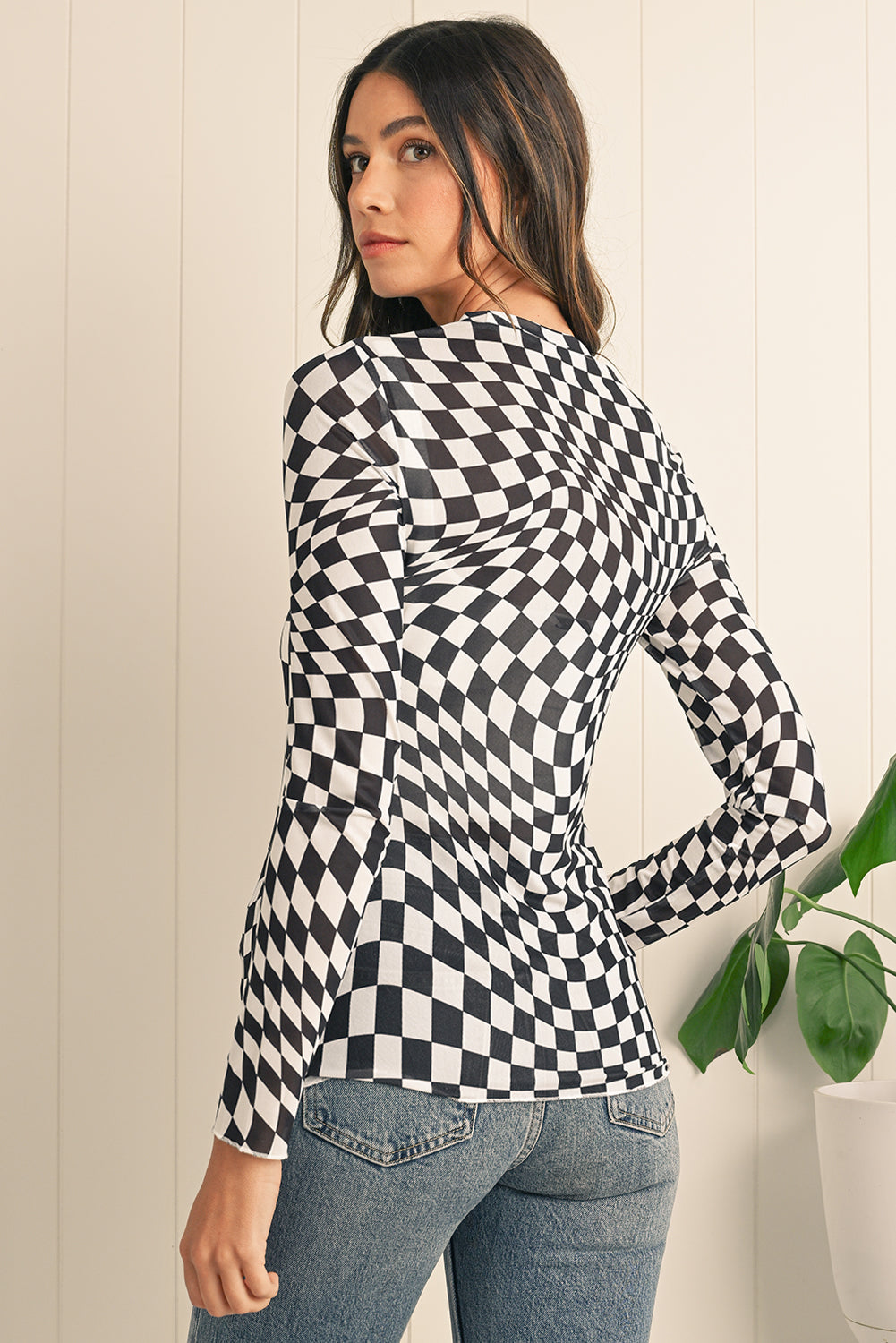 Rose Checkered Pattern Mesh Long Sleeve Top