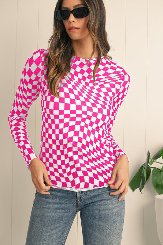 Rose Checkered Pattern Mesh Long Sleeve Top