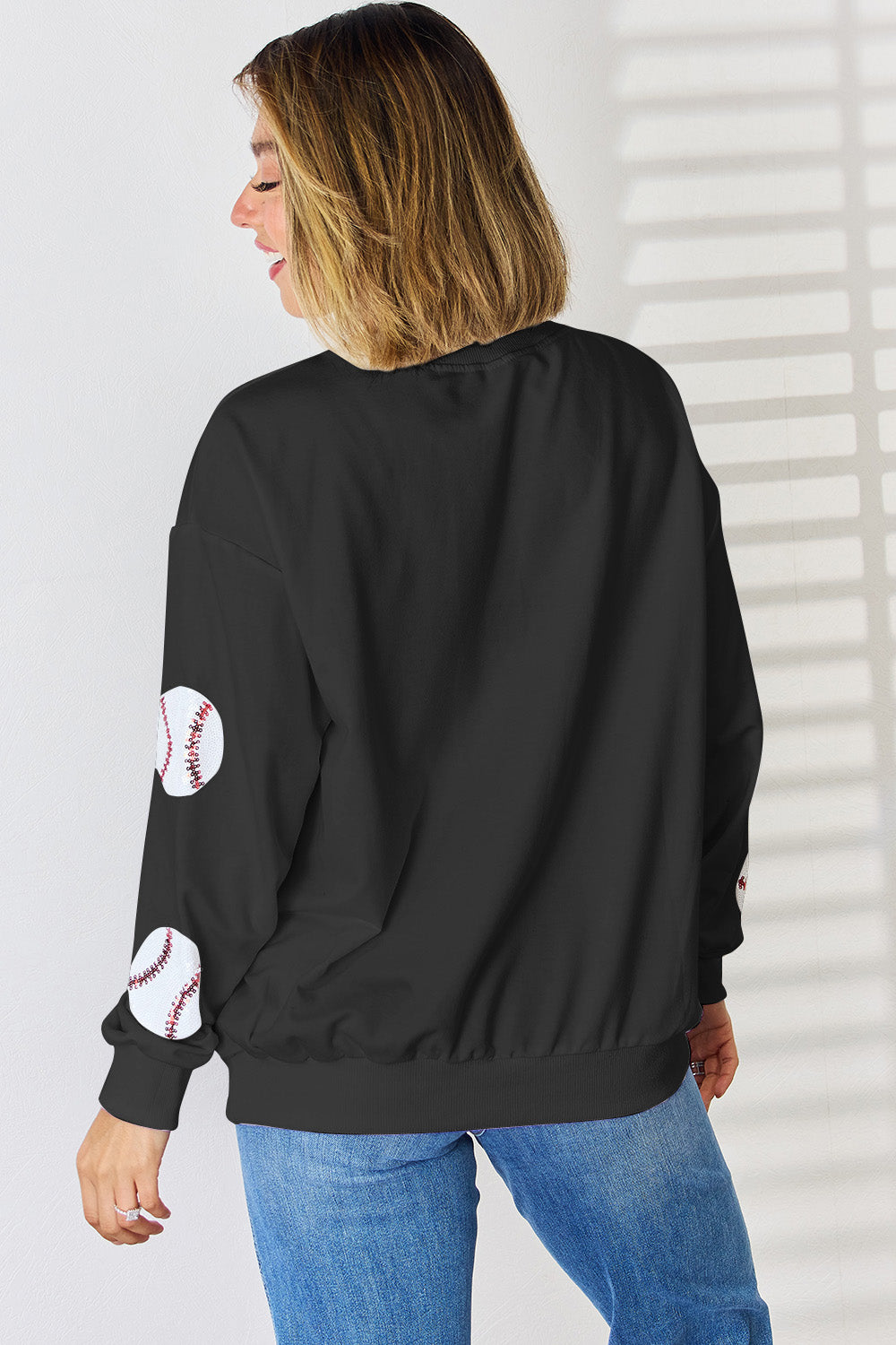 Sequin Baseball Round Neck Dropped Shoulder Sweatshirt