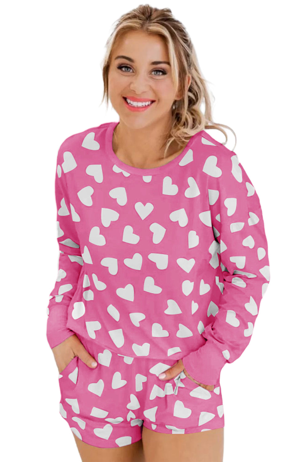 Black Heart Shape Print Long Sleeve Top and Shorts Loungewear Set