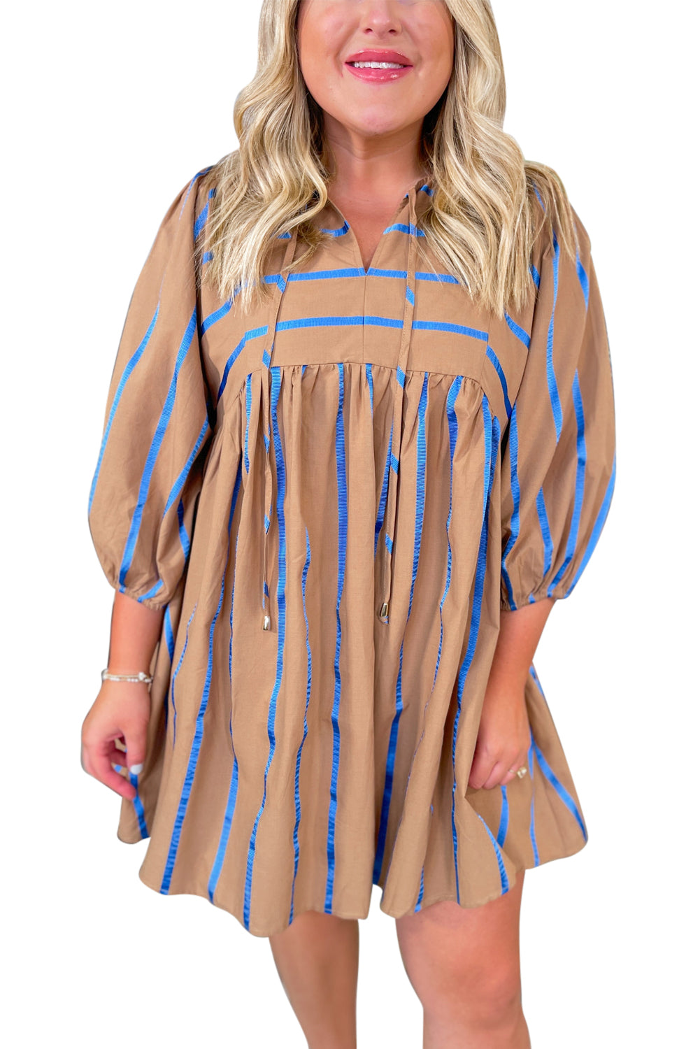 Khaki Stripe Tie Neck Plus Size Mini Dress